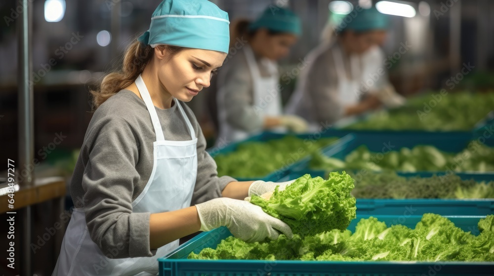 Woman worker of vegetable sorting and processing factory arranging selected fresh organic.
