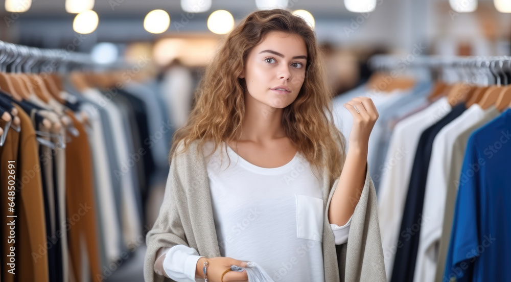 Young woman in casual clothes in the middle of the clothing store.
