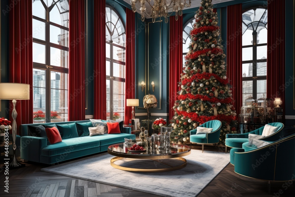 A beautifully decorated Christmas room with a festive tree creates a magical atmosphere and makes it the perfect place to celebrate the holidays.