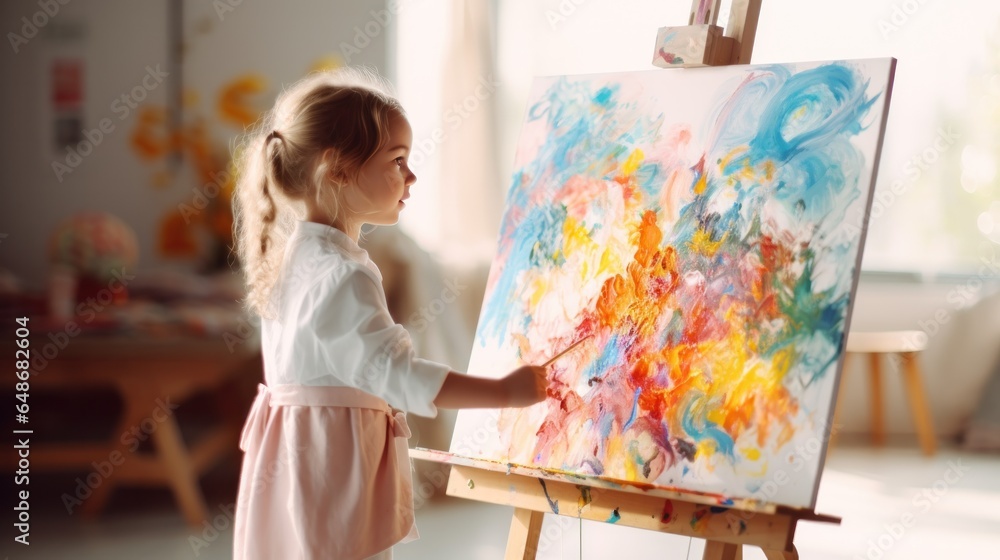 A little girl painting an abstract painting on an easel