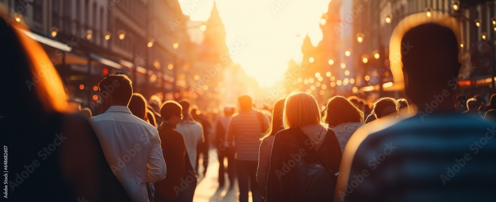 A group of people walking in a city evening