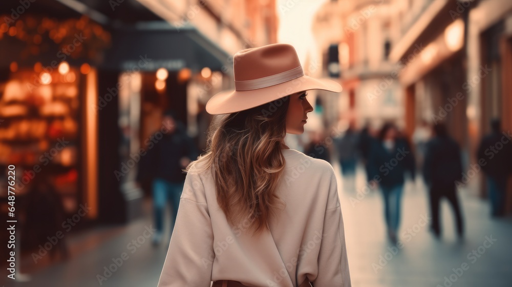 Rear view, Young woman in hat and coat walking in the city, Travel concept.