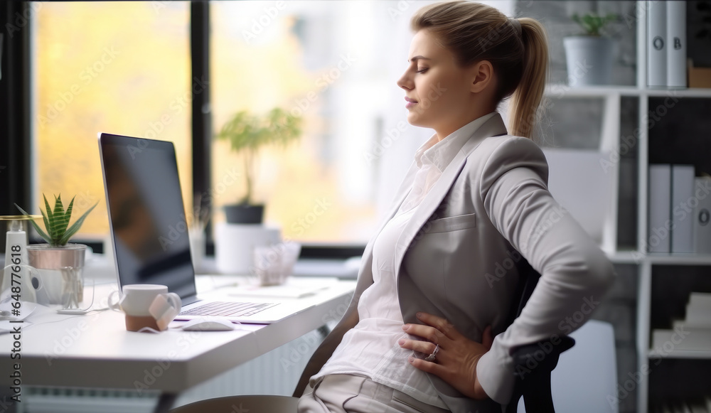 Woman Bad Posture With Backache Sitting In Office.