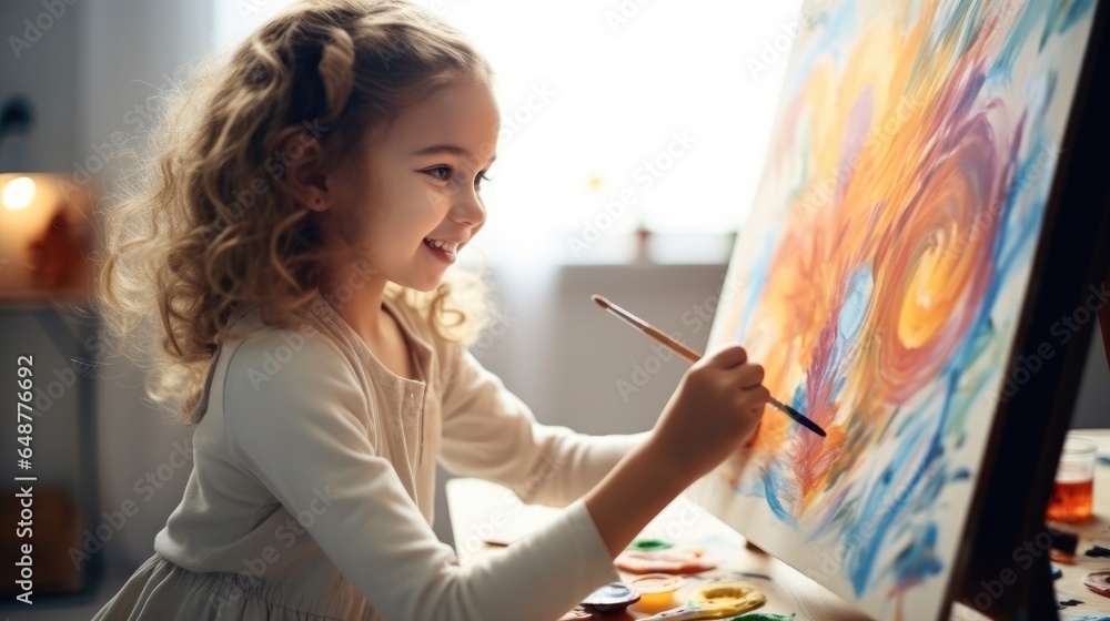 Little girl painting on a canvas with a paintbrush and colorful acrylic paints in a painting class.