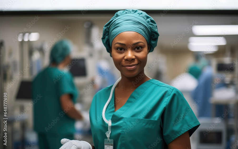 Portrait of African American female nurse working in a hospital.