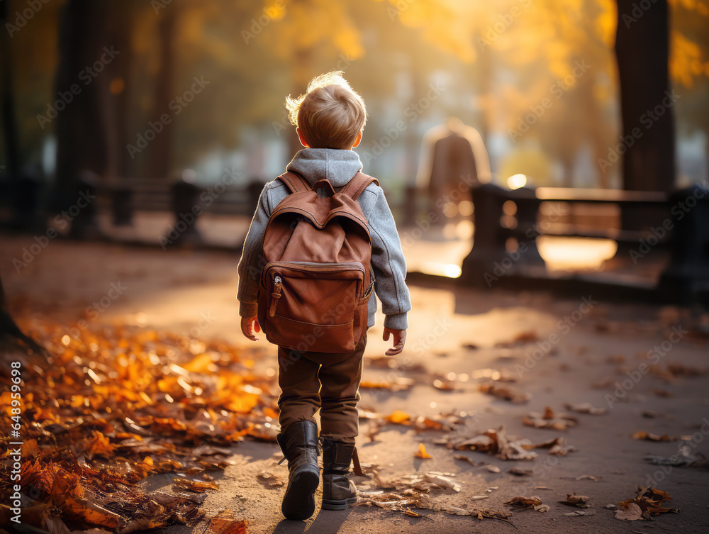 Cute little boy with backpack walking in autumn park, back view. Generative AI