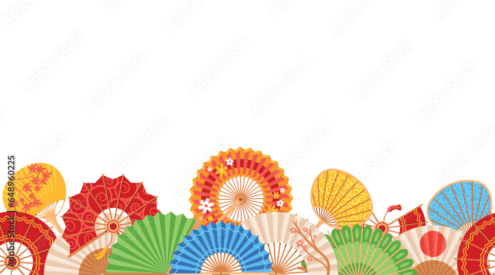 Exquisite Asian Fan Seamless Pattern. Graceful Fans In Vibrant Colors Evoking The Elegance Of The East Horizontal Border