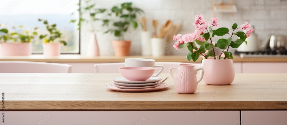 A wooden table sits amidst a white kitchen and dining space adorned with pastel pink kitchenware