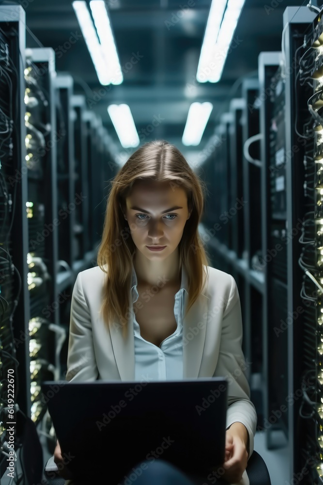 Business woman using a laptop working in Supercomputer Electricity Backup Room.