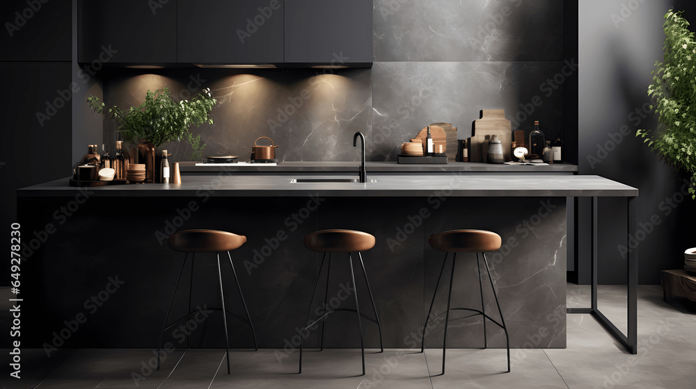 Modern dark luxury kitchen with wooden style furniture. Luxury kitchen interior in dark tone