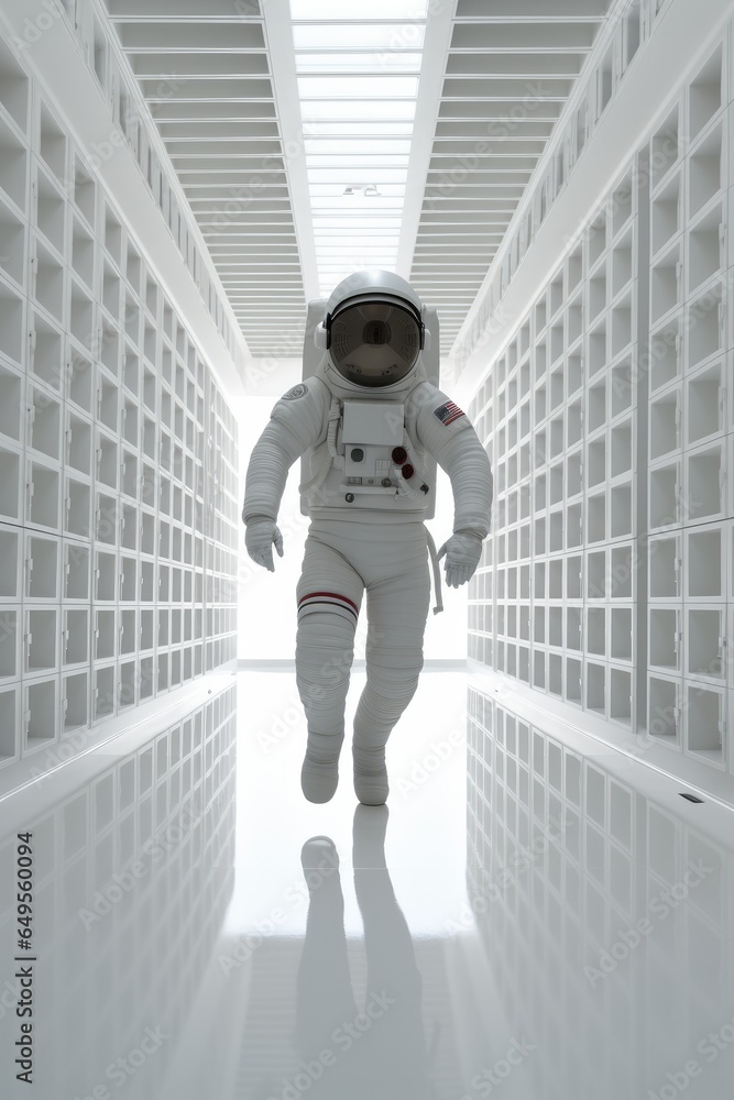 Astronaut floating in empty room, Modern and minimal white room.