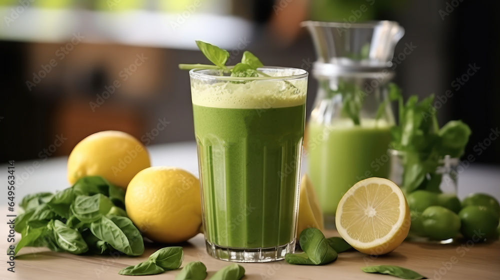 Healthy green smoothie made out of fresh lemon on countertop.