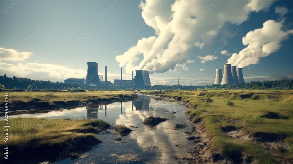 Nuclear power station with steaming cooling towers.