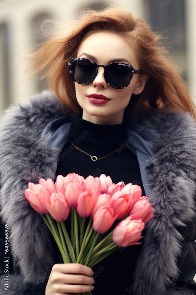 Young woman with pink tulips, Fashionable woman wearing short black dress and fur coat with sunglasses.
