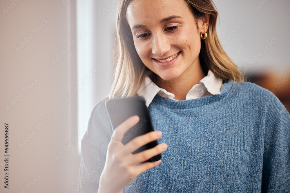 Work, reading email and a woman with a phone for communication, social media or contact. Smile, office and a person with a mobile for an app, website or connection for online search and chat