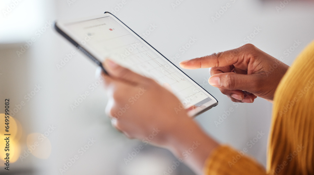 Tablet, hands and woman with data analysis, connection and information for digital marketing with bokeh. Technology, person and screen with internet for business, research and analytics with charts