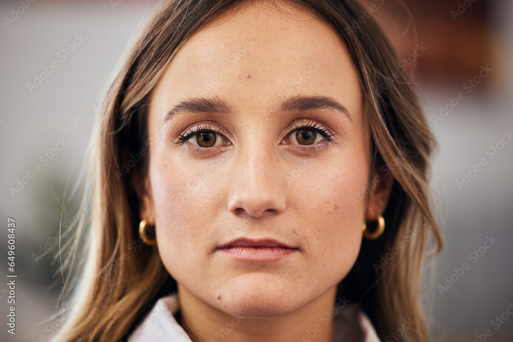 Serious face, business woman and portrait in startup company, office and workplace. Designer, creative professional and confident female entrepreneur, worker and employee in Australia for career.