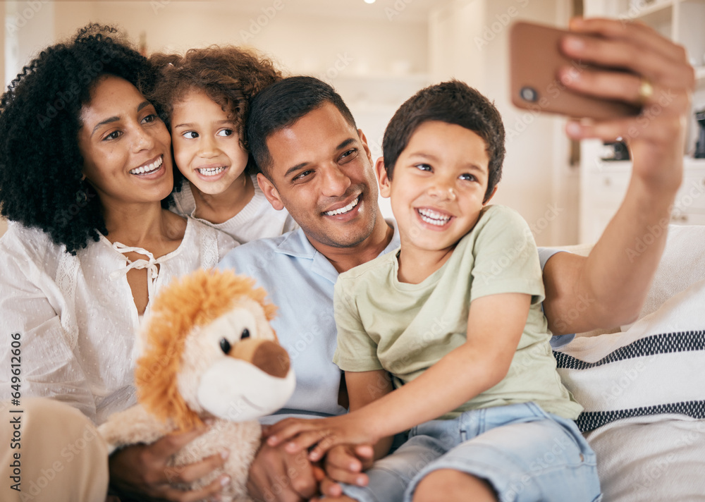 Family, home selfie and living room with a smile, mom and child together with love. Bonding, sofa and happy father with a young children and mother with photo for social media post with kids at house