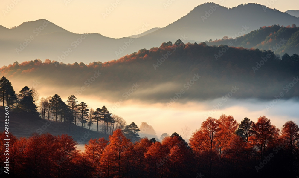 Beautiful autumn forest scene . Colorful morning view on foggy mountains and clouds at sunrise time. Beauty of nature concept background.