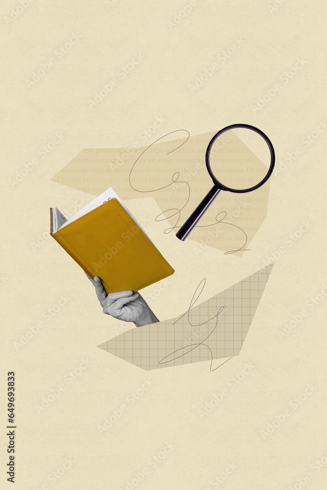 Collage picture image of human arm holding textbook reading detective story isolated on drawing background
