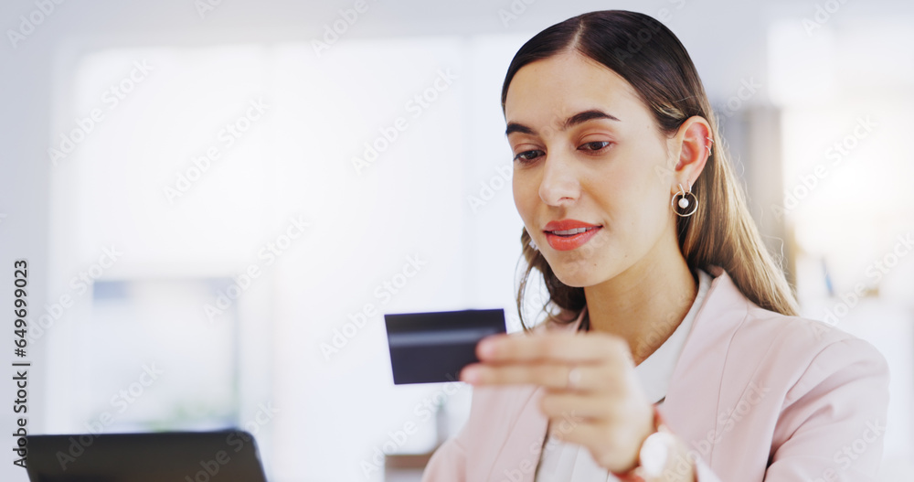 Credit card, smile and business woman with laptop in office for online shopping, digital banking or payment. Computer, ecommerce and female professional on internet for sales, finance and fintech.