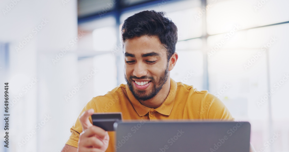 Credit card, happy and business man with laptop in office for online shopping, digital banking or payment. Computer, ecommerce and smile of male professional on internet for sales, finance or fintech