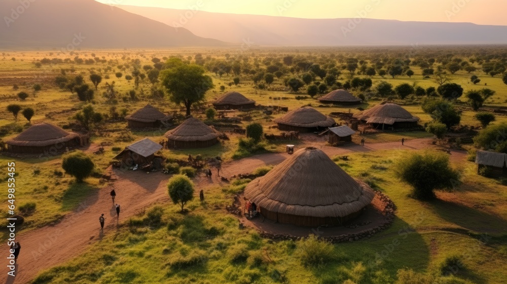 Aerial view. Traditional Maasai village at sunset time.
