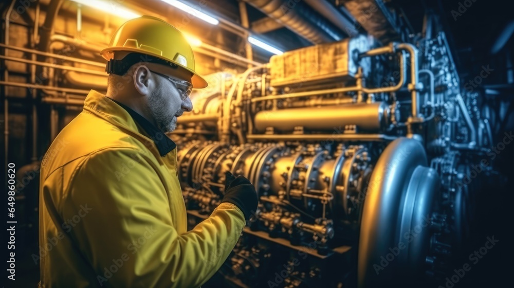Engineer working at gas turbine electrical power plant industrial and intelligent factory, Checking the heating system in the boiler room.