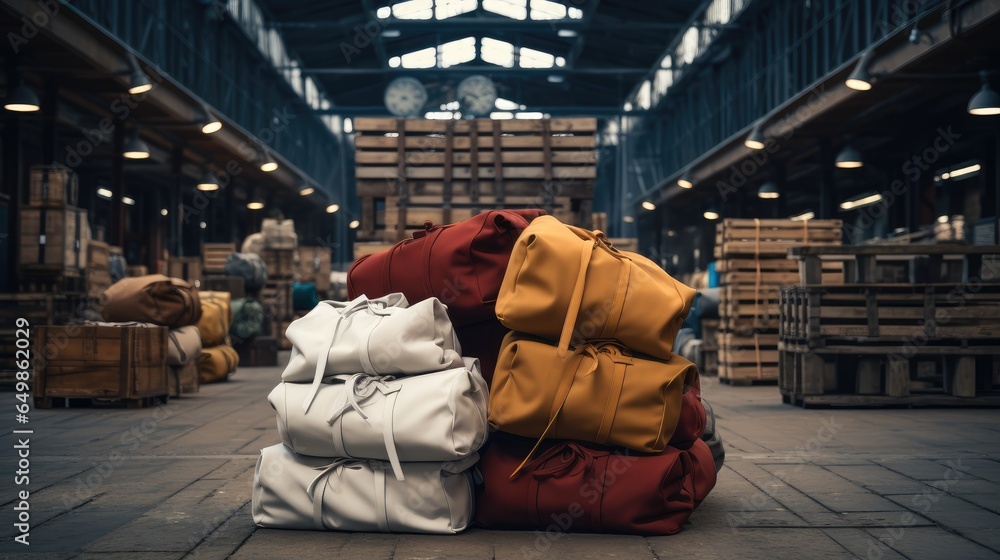 Stack of canvas bags in warehouse.