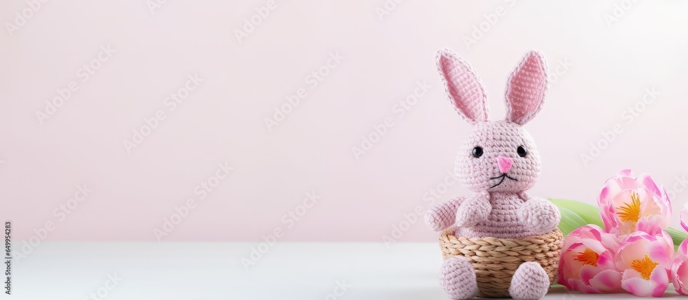 Handmade knitted toy amigurumi Easter concept surrounded by pink tulips