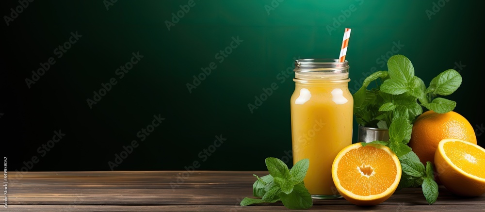 Healthy orange smoothie and ingredients on wooden table