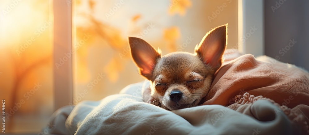 The chihuahua is peacefully sleeping on a cozy bed in the morning sunlight enjoying a lazy weekend