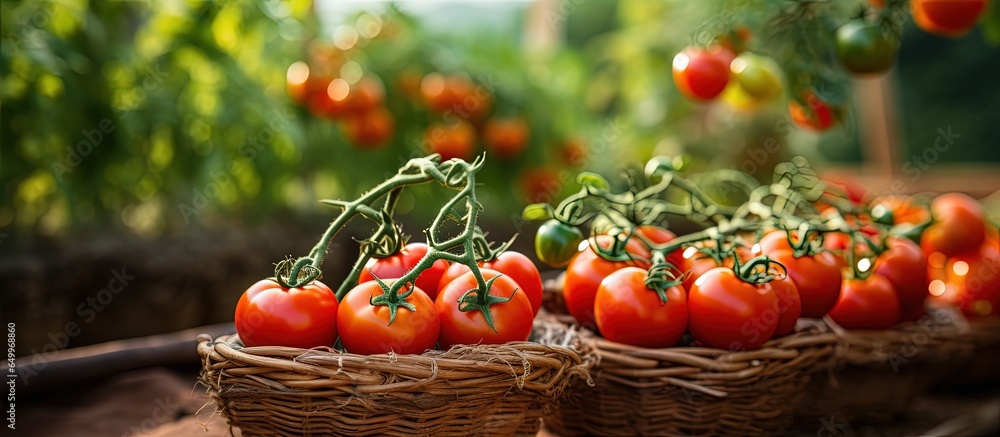 Harvesting various tomatoes by the greenhouse