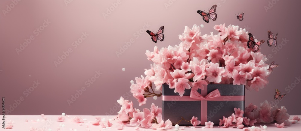 Grey background with flying flowers from a pink gift box Valentine s Day and Women s Day card concept