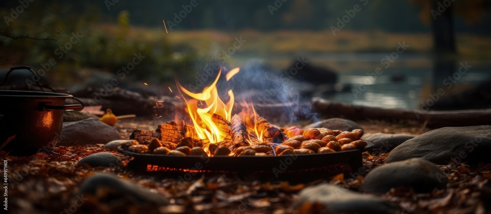 Autumn camping with campfire cooked food near a forest