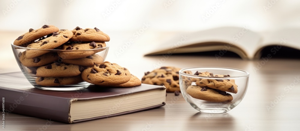 Array of cookies and biscuits books and glasses on table Focused