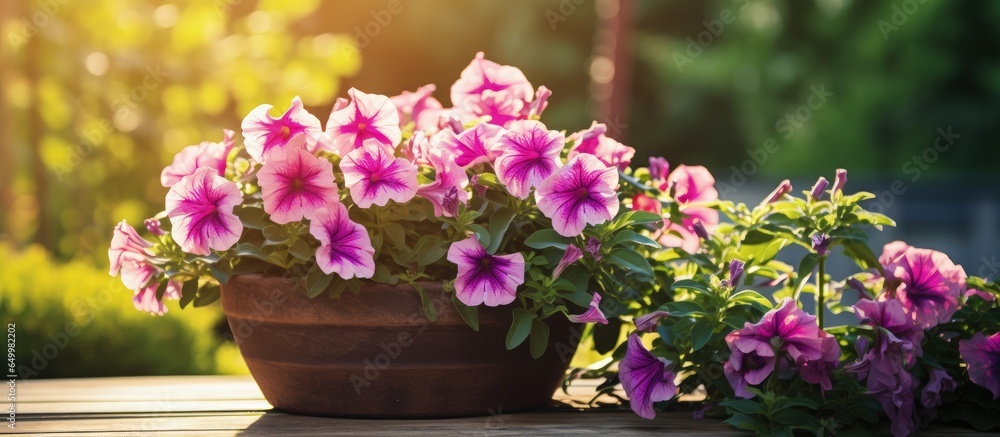 Summer still life with potted petunias in garden vintage botanical background