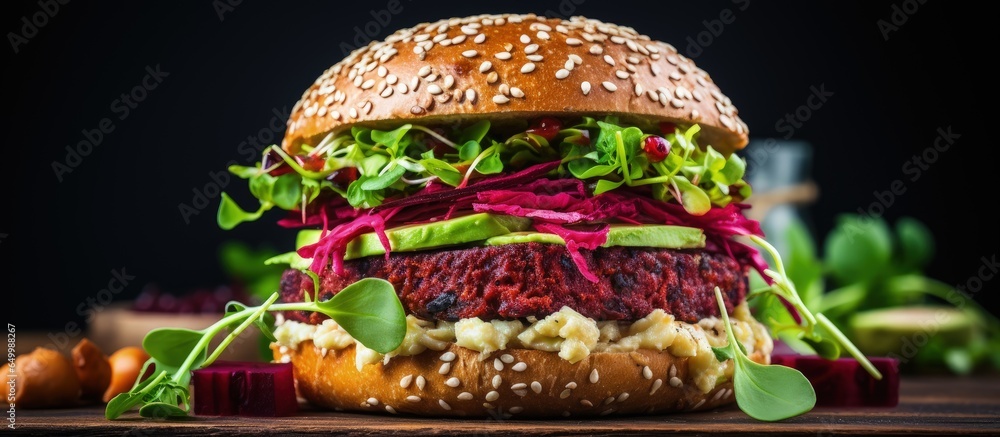 Healthy vegetarian food concept Close up of vegan burger with beet avocado onion and salad on dark background