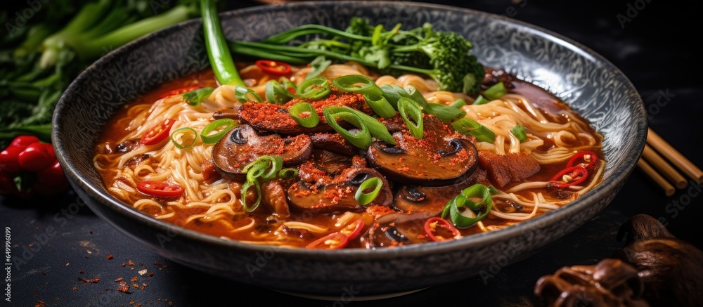 Vegan ramen soup packed with umami using ramen noodles shiitake mushrooms and steamed pak choi