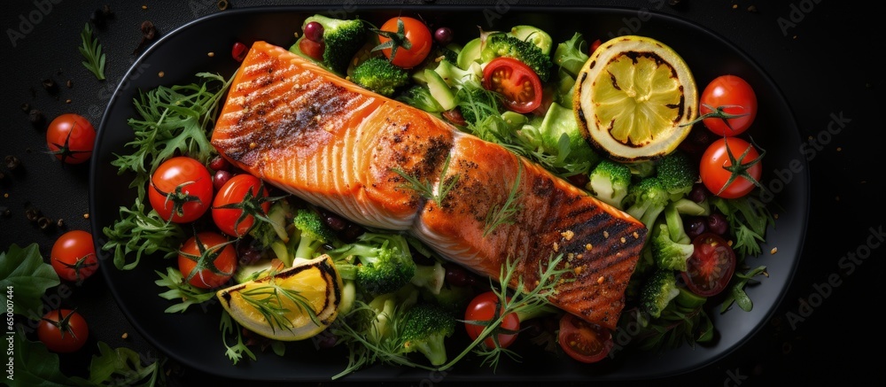 Grilled salmon steak served with avocado and fresh vegetable salad Top view
