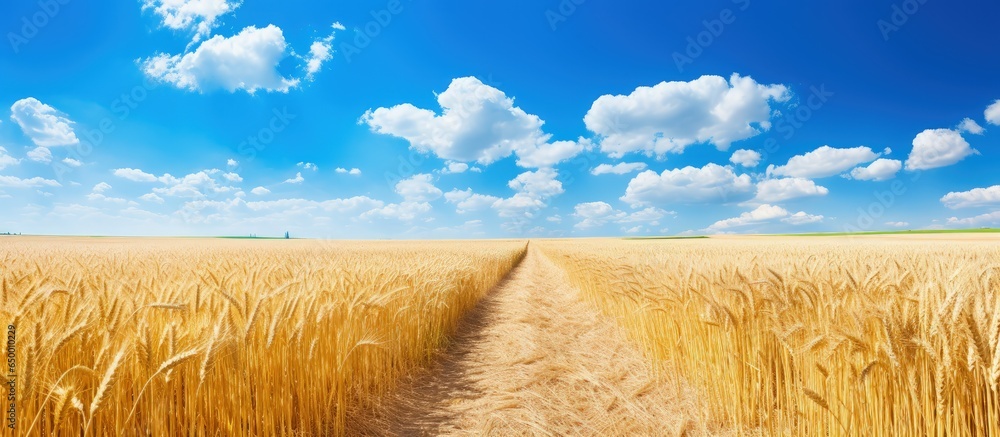 Beautiful summer landscape with a golden wheat field blue sky white clouds and a road leading to the horizon