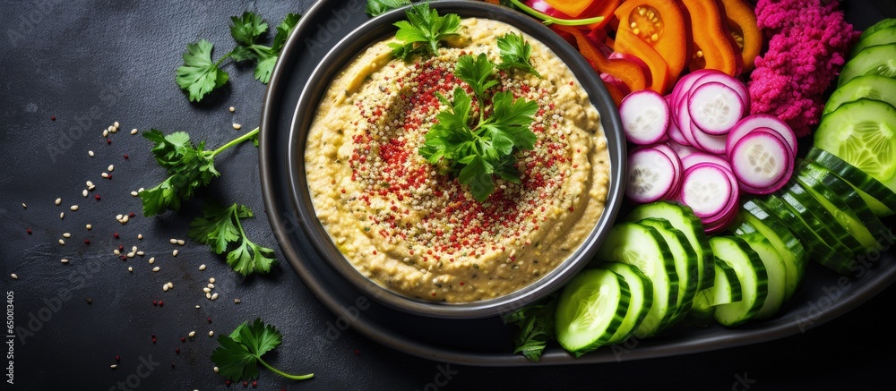 Nutritious chickpea hummus with a variety of vegetables and cereals on a platter
