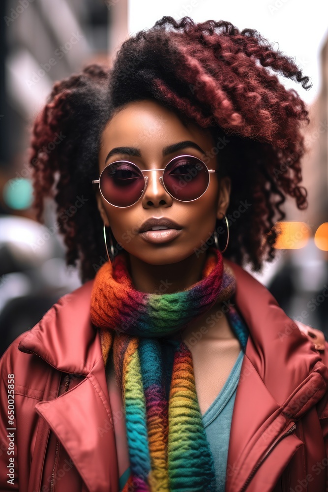 African American woman wearing sunglasses is being portrayed in the middle of a busy city street.