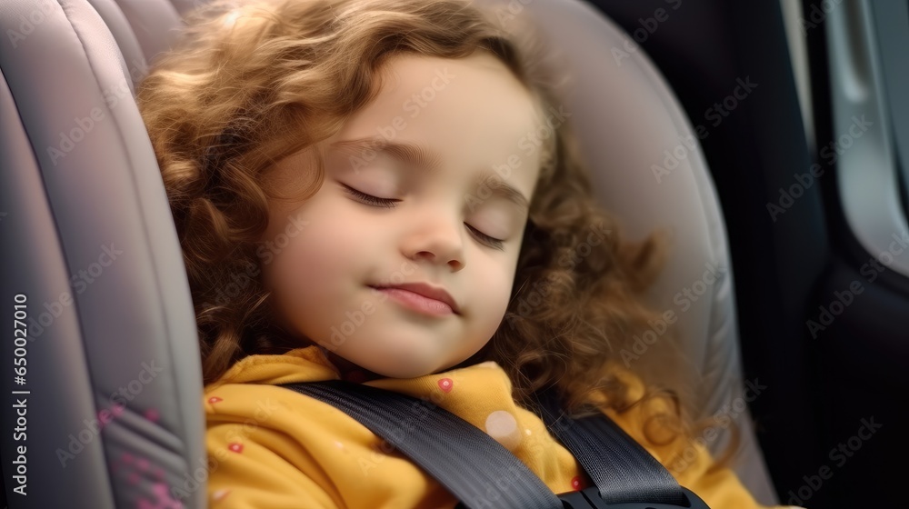 Little girl sleeping in child safety seat inside car.