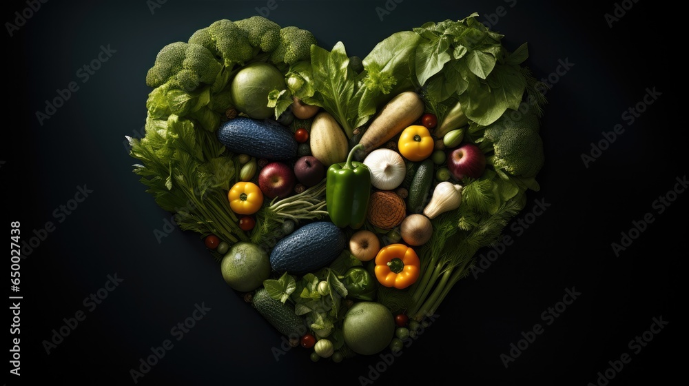 Heart sign made from vegetables on green. Dark background.