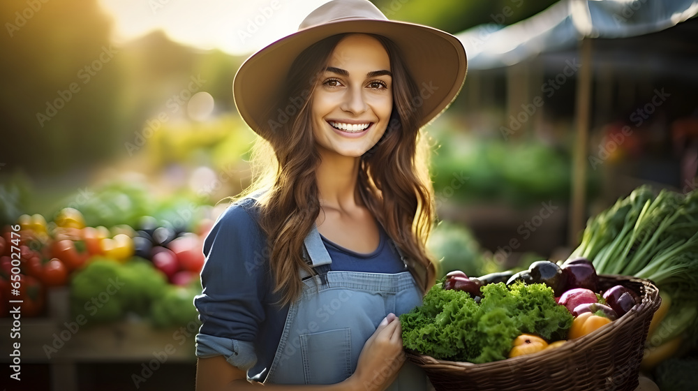 Portrait of Young woman farmer enjoys working on farm standing holding fresh ripe vegetables looking at camera