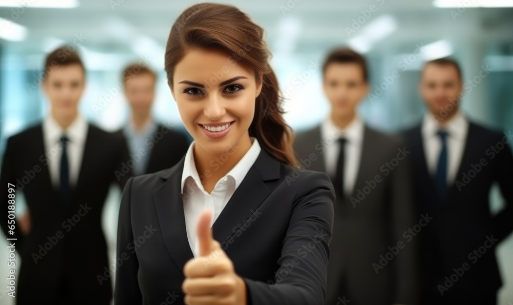 Young friendly business woman showing thumbs up sign in front of business team.