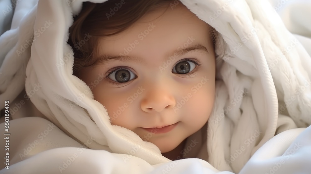 Smiling baby kid wrapped in soft white blanket on a bed.