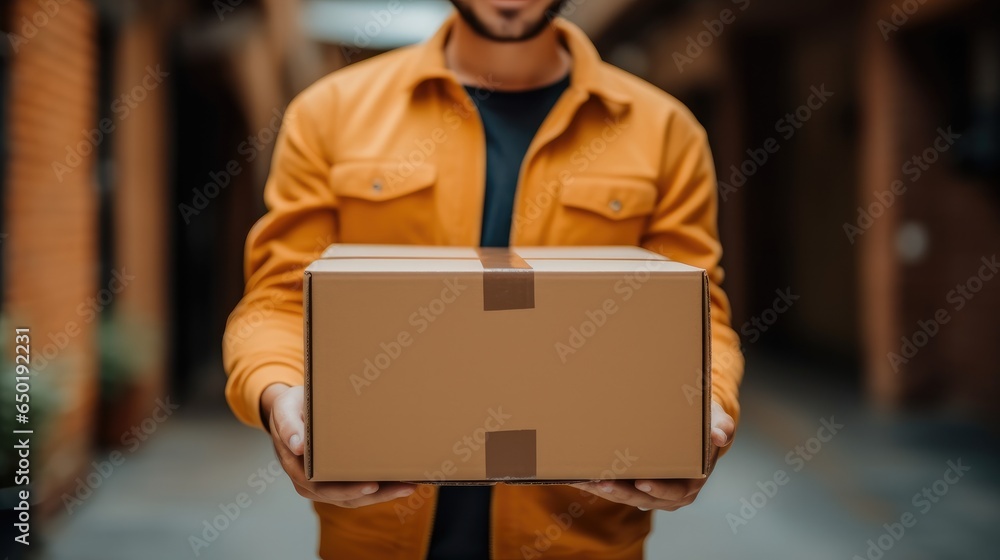 Courier holding cardboard box for delivery.