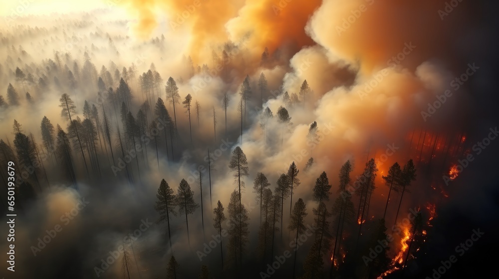 Aerial view, Forest fire on mountain, Burning coniferous forest.